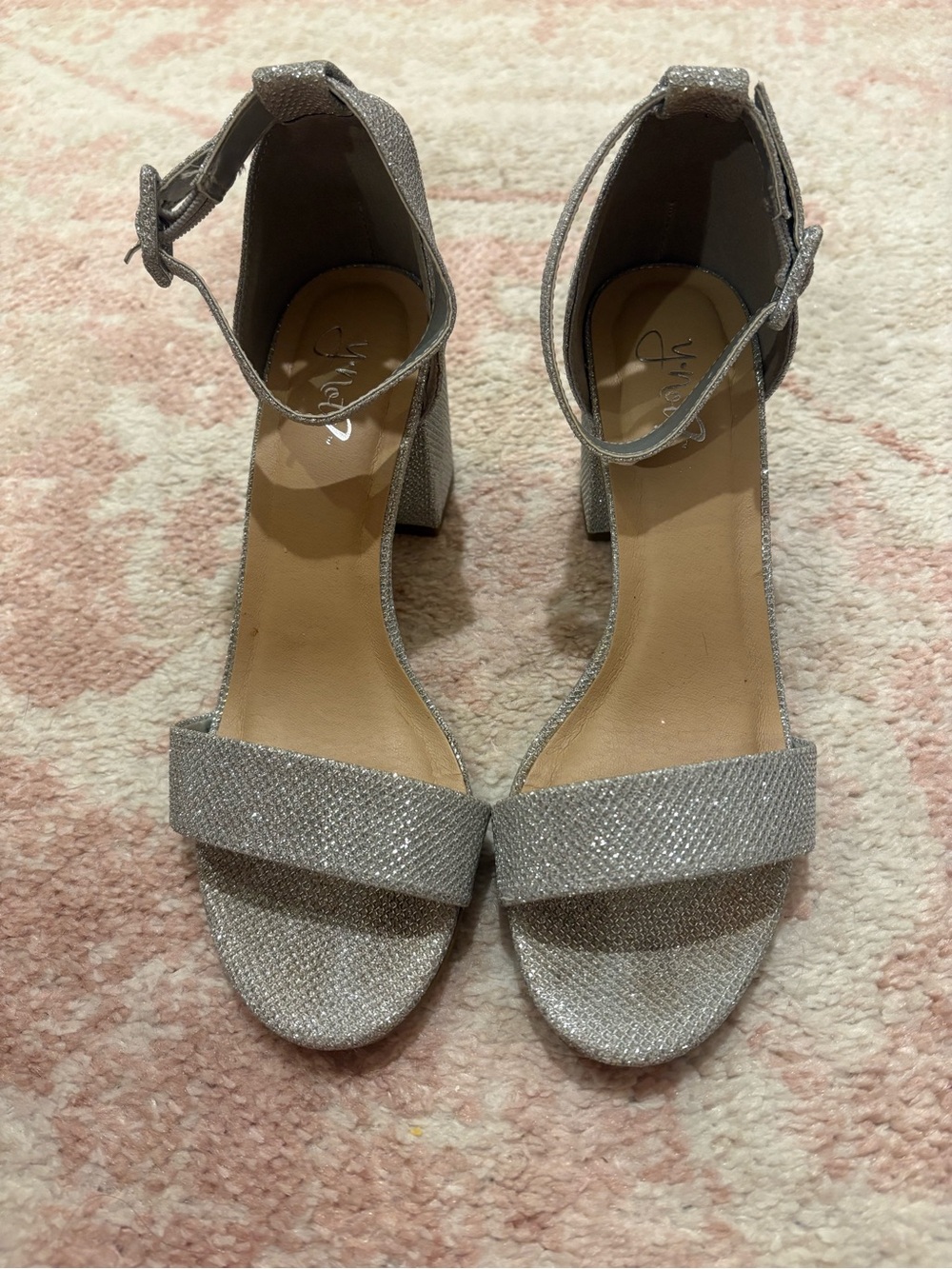 Sparkle Ankle-Strap Block Heels in Silver